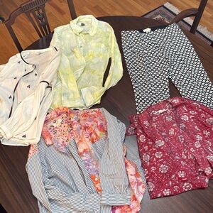 Anthropologie 2 pc Shirt Lot Size Small + pants and 2 lucky blouses=5 items